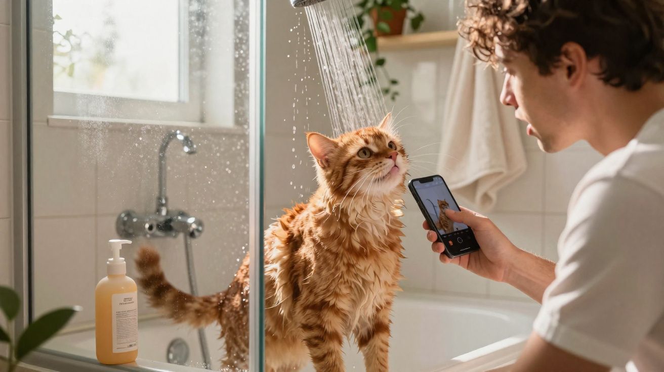 Young man taking a photo of a wet ginger cat standing in a bathtub with a shower running above it.