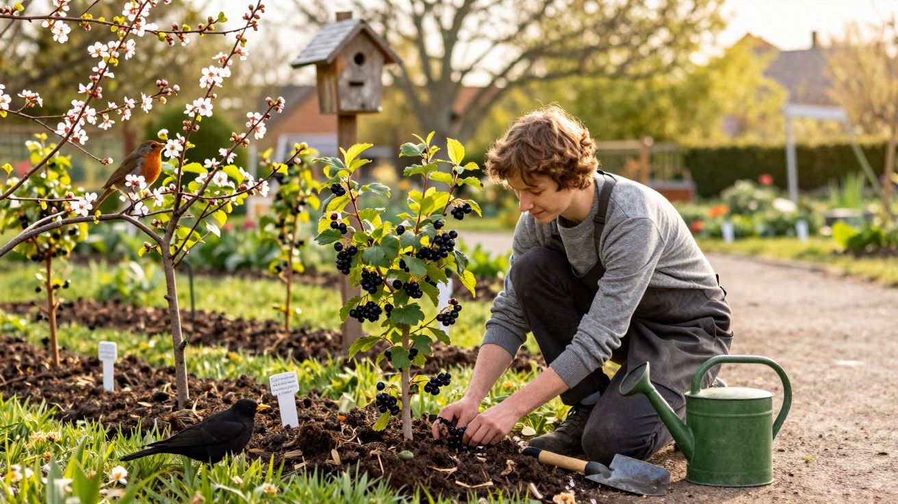 Young person gardening near a birdhouse with a watering can, shovel, and birds in a sunny garden.