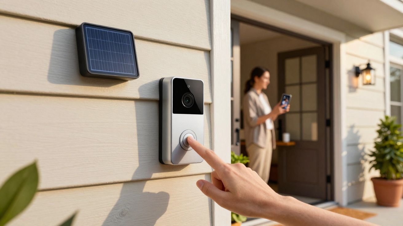 Person pressing smart video doorbell with solar panel on house exterior, woman using smartphone inside doorway.