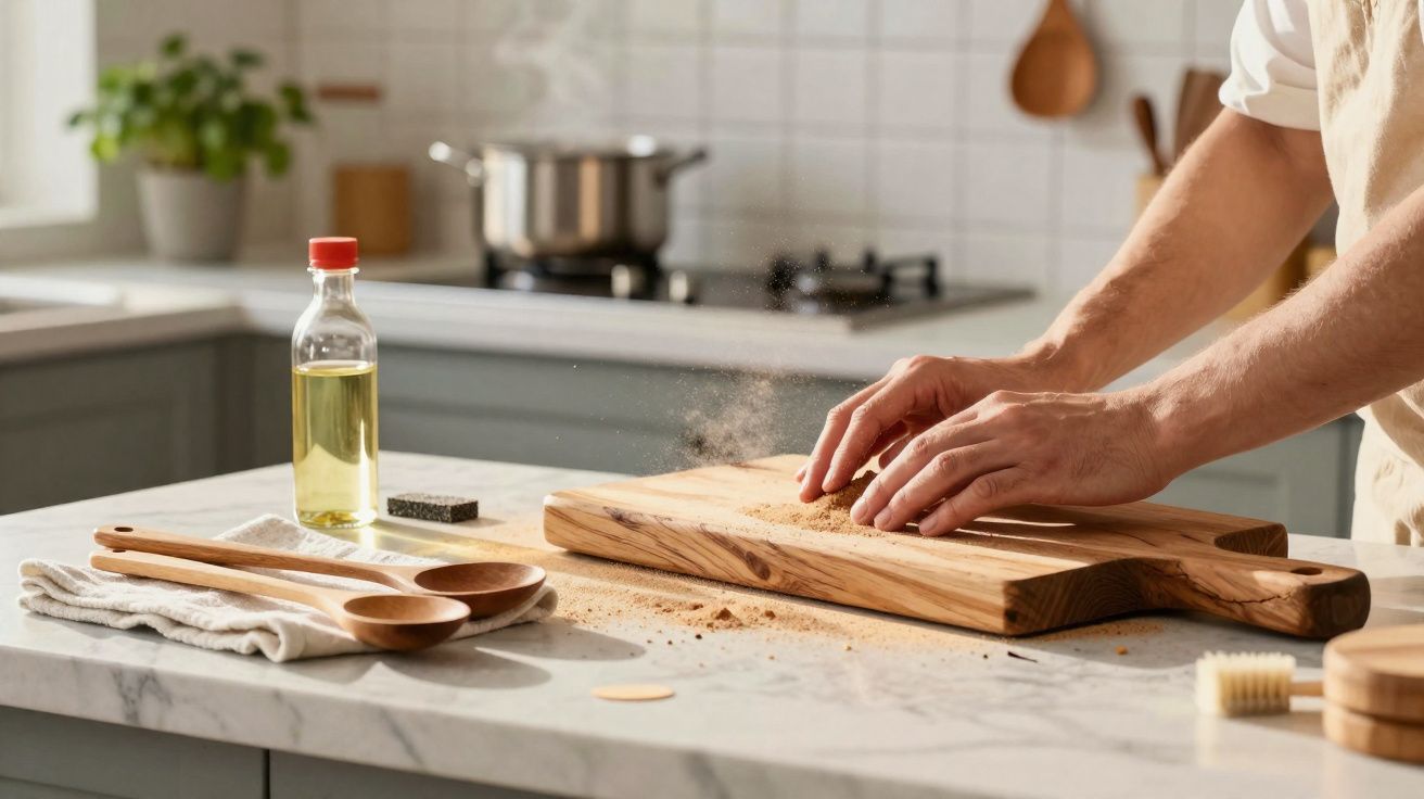 Person rubbing crumbs on a wooden cutting board in a bright kitchen with utensils on the counter.