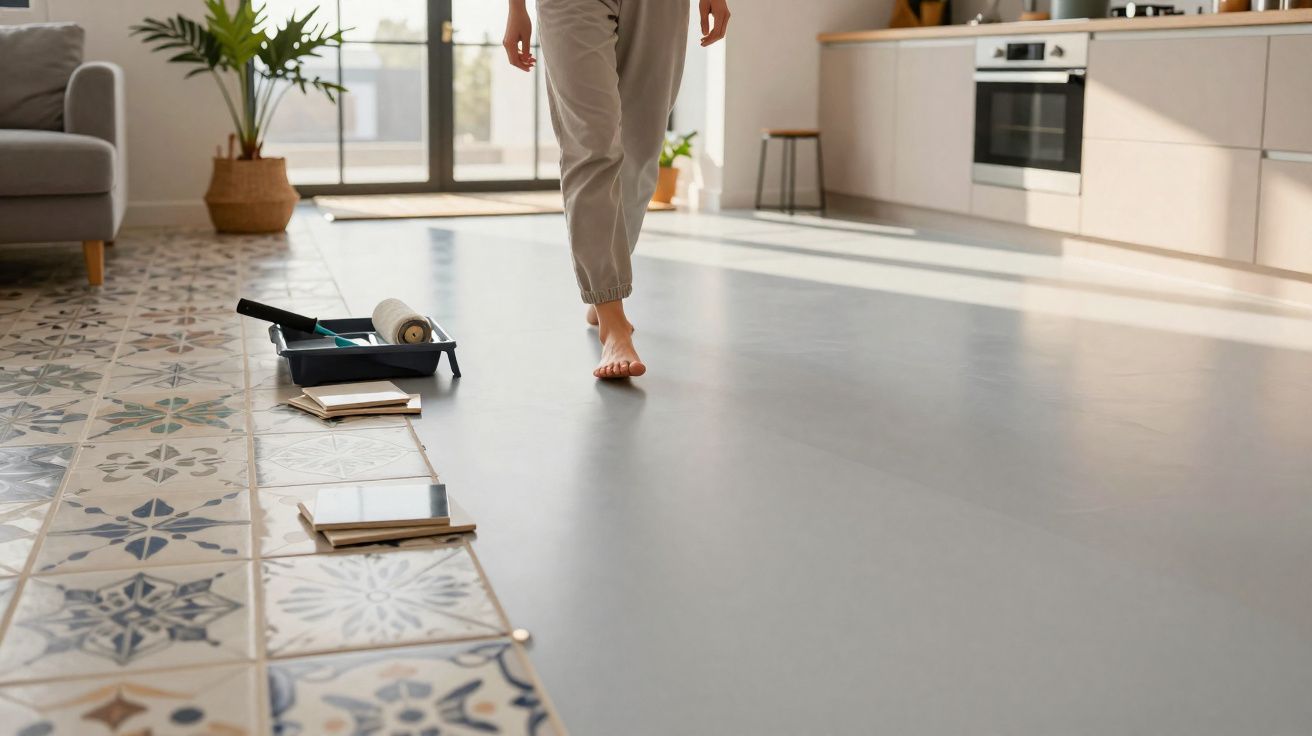Person barefoot walking on smooth floor next to patterned tiled flooring in a bright modern kitchen.
