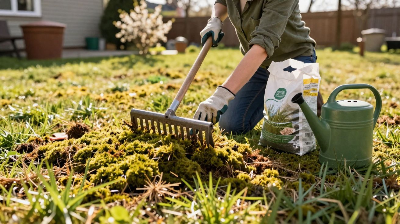 Person using a rake to clear moss from lawn with a watering can and bag of lawn seed nearby.