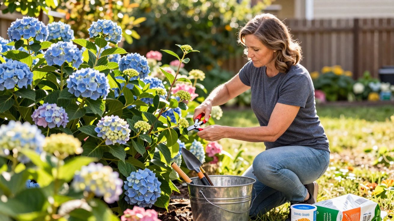 Woman pruning blue hydrangea flowers in sunny garden with gardening tools and supplies nearby
