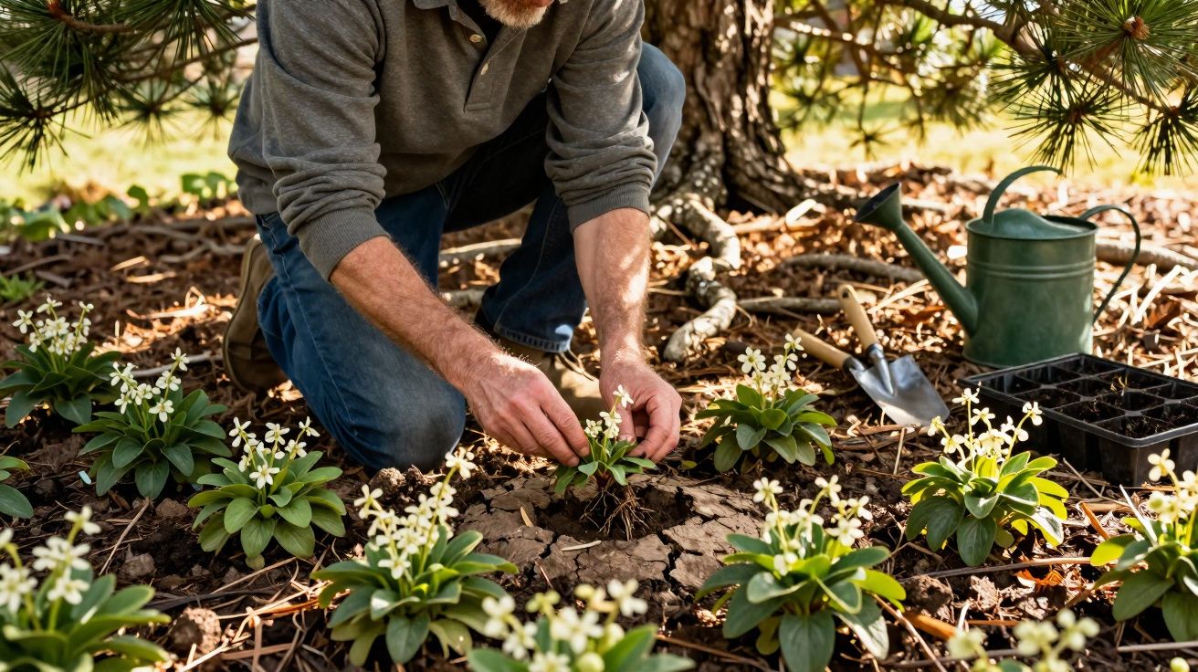 Person planting small flowering plants in garden soil with gardening tools and watering can nearby