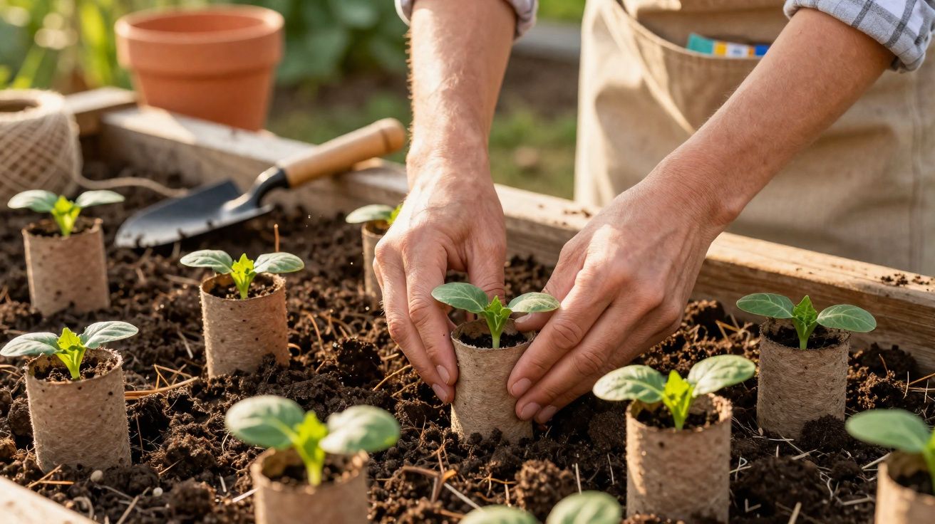 Hands planting seedlings in biodegradable pots in soil on a wooden gardening bed outdoors.