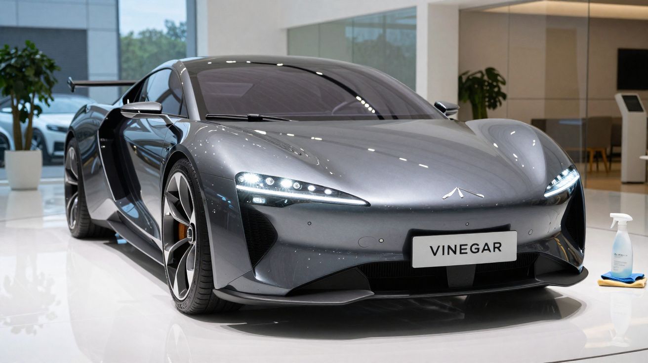 Grey sleek sports car with LED headlights displayed indoors, labelled with a "Vinegar" plate.