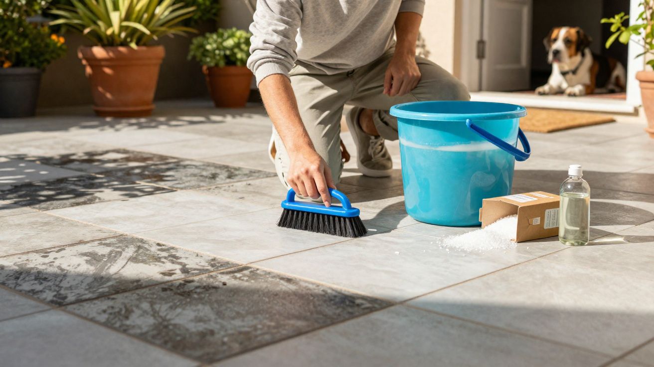 Person scrubbing outdoor tiled floor with brush, bucket, cleaning supplies, and a dog sitting in the doorway nearby.