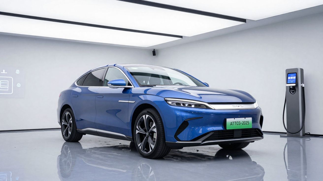 Blue electric SUV parked in a modern showroom next to a charging station.