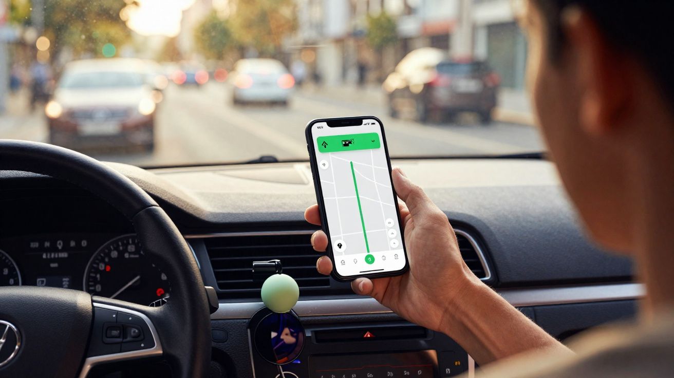 Person holding a smartphone with navigation app displayed inside a parked car on a city street.