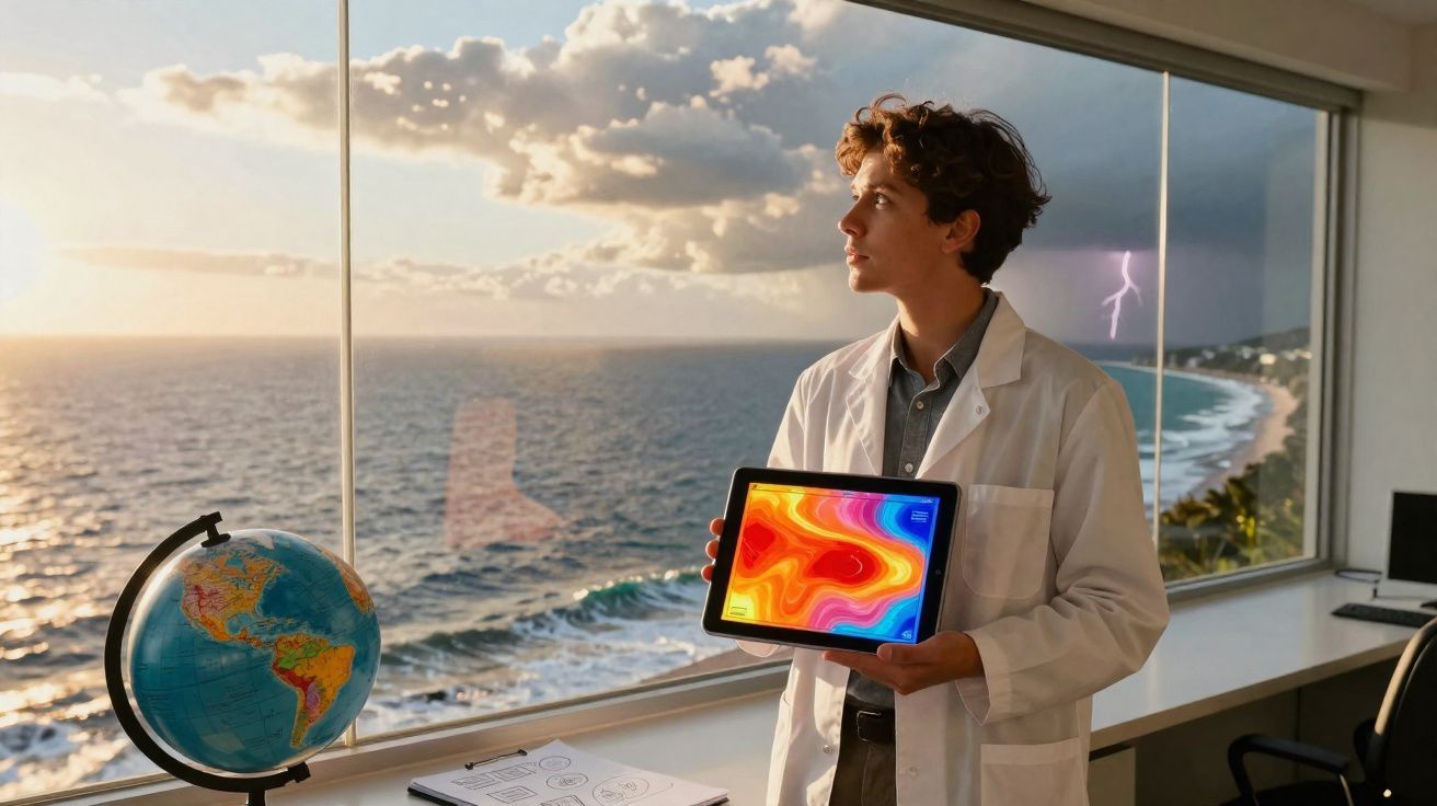 Person in lab coat holding a tablet with colorful heat map, standing by a window with ocean and lightning storm view.