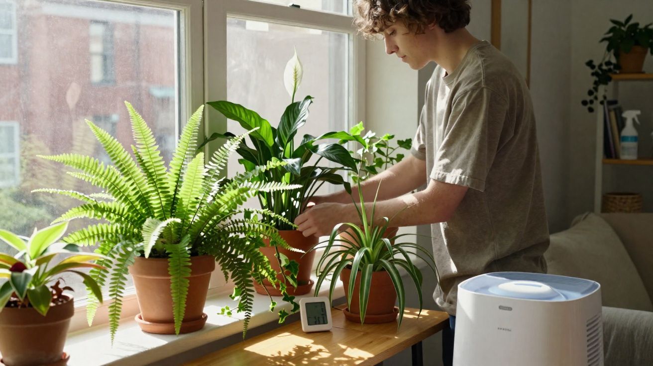 Person tending to various potted plants on a wooden table by a sunny window indoors.