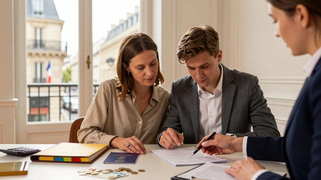 A couple signing documents at a table with a passport, coins, and folders, assisted by a professional.