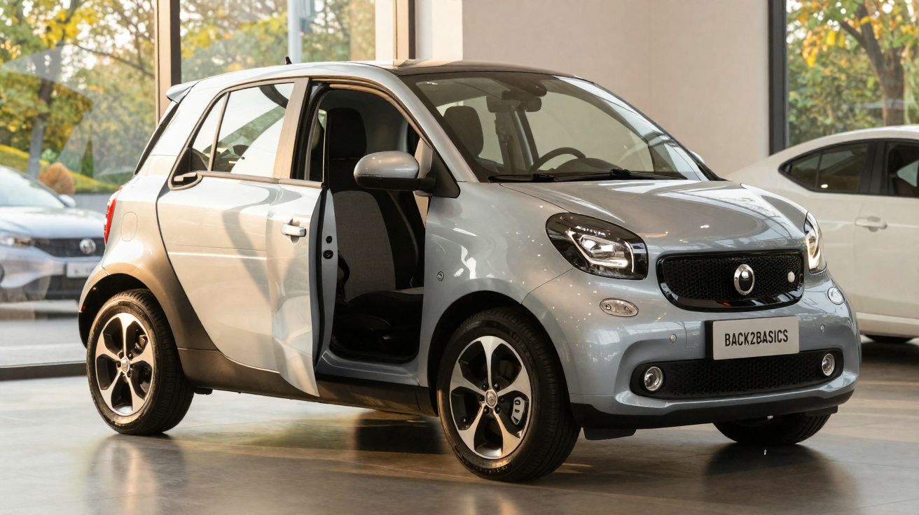 Silver compact car with open driver's door displayed indoors near large windows.
