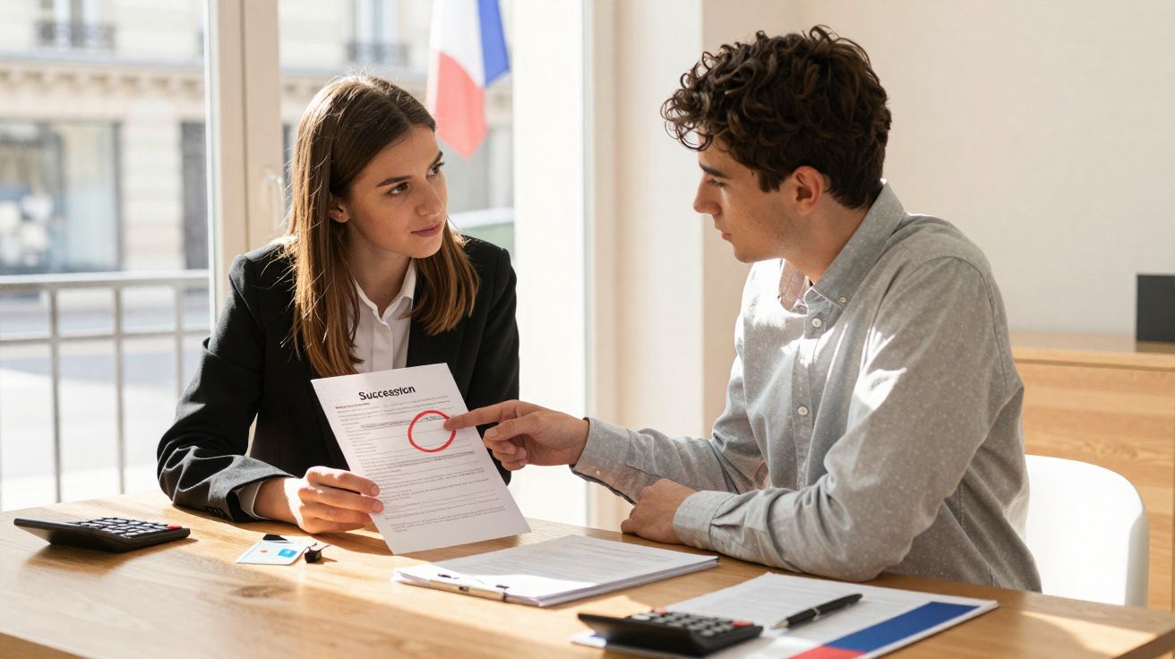Two people discuss a document titled Succession in a bright office with calculators on the table.