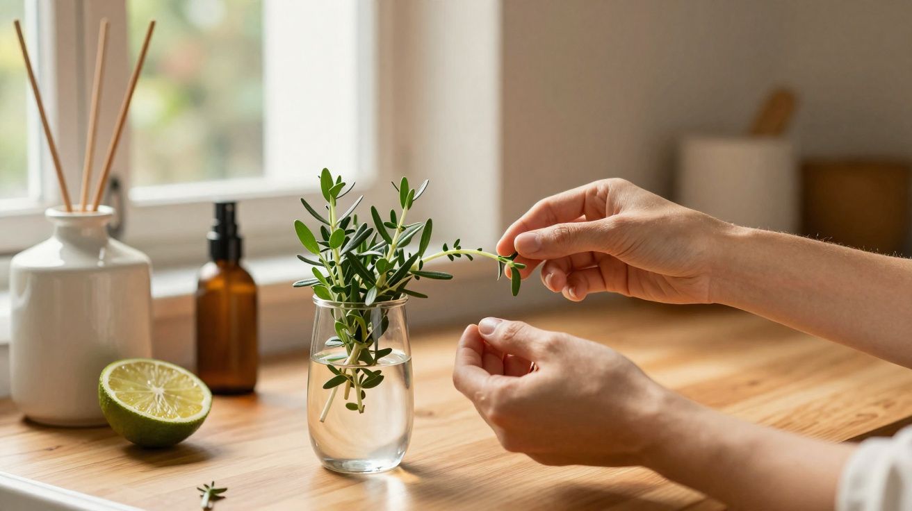 Hands arranging green herb stems in a clear glass of water on a wooden kitchen countertop by a window.