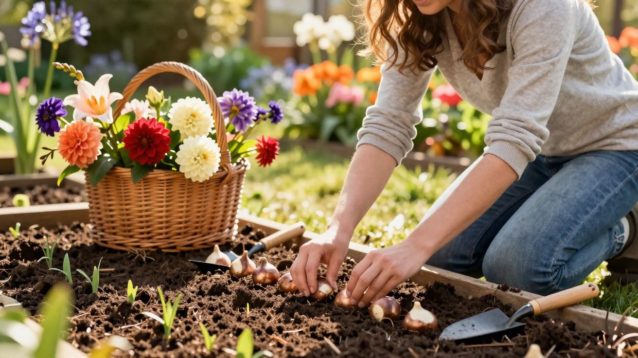 Person planting flower bulbs in a garden bed with a basket of colourful flowers nearby.