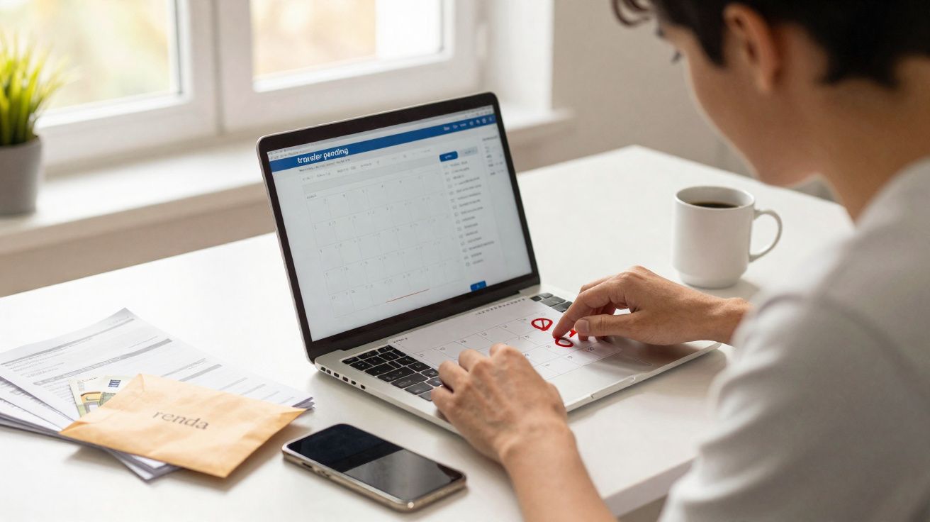 Person marking dates with red circles on a laptop calendar, with documents, phone, and coffee on desk.