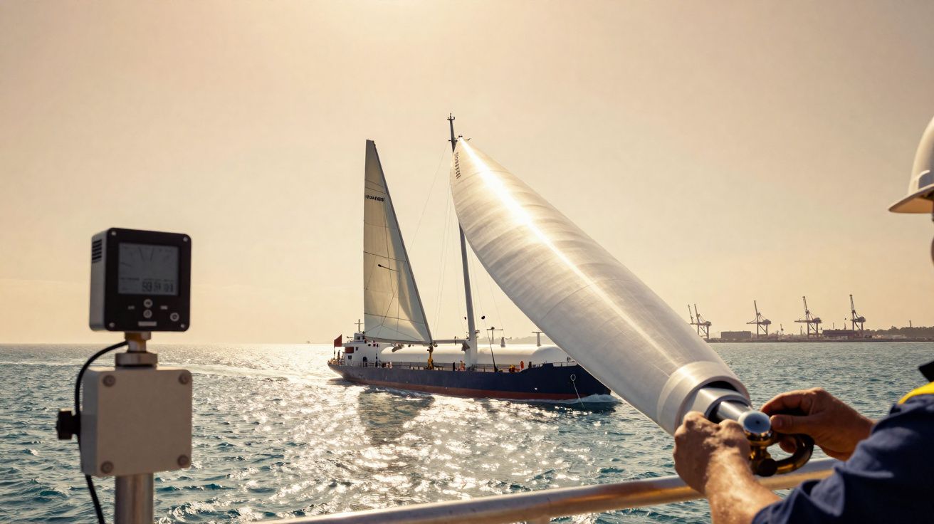 Person on boat aiming large telescope towards a sailing ship on sunny, sparkling water with cranes in background.