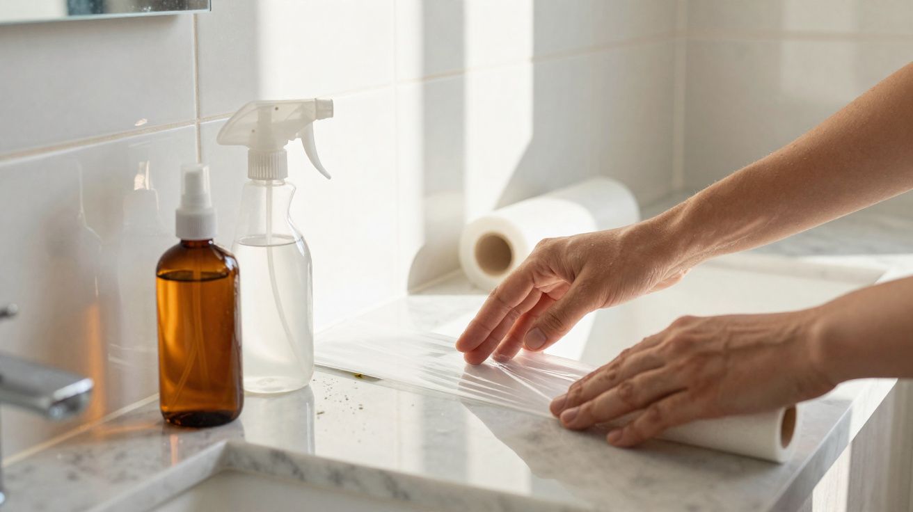 Hands applying plastic wrap on a marble countertop next to spray and pump bottles in a tiled kitchen or bathroom area.
