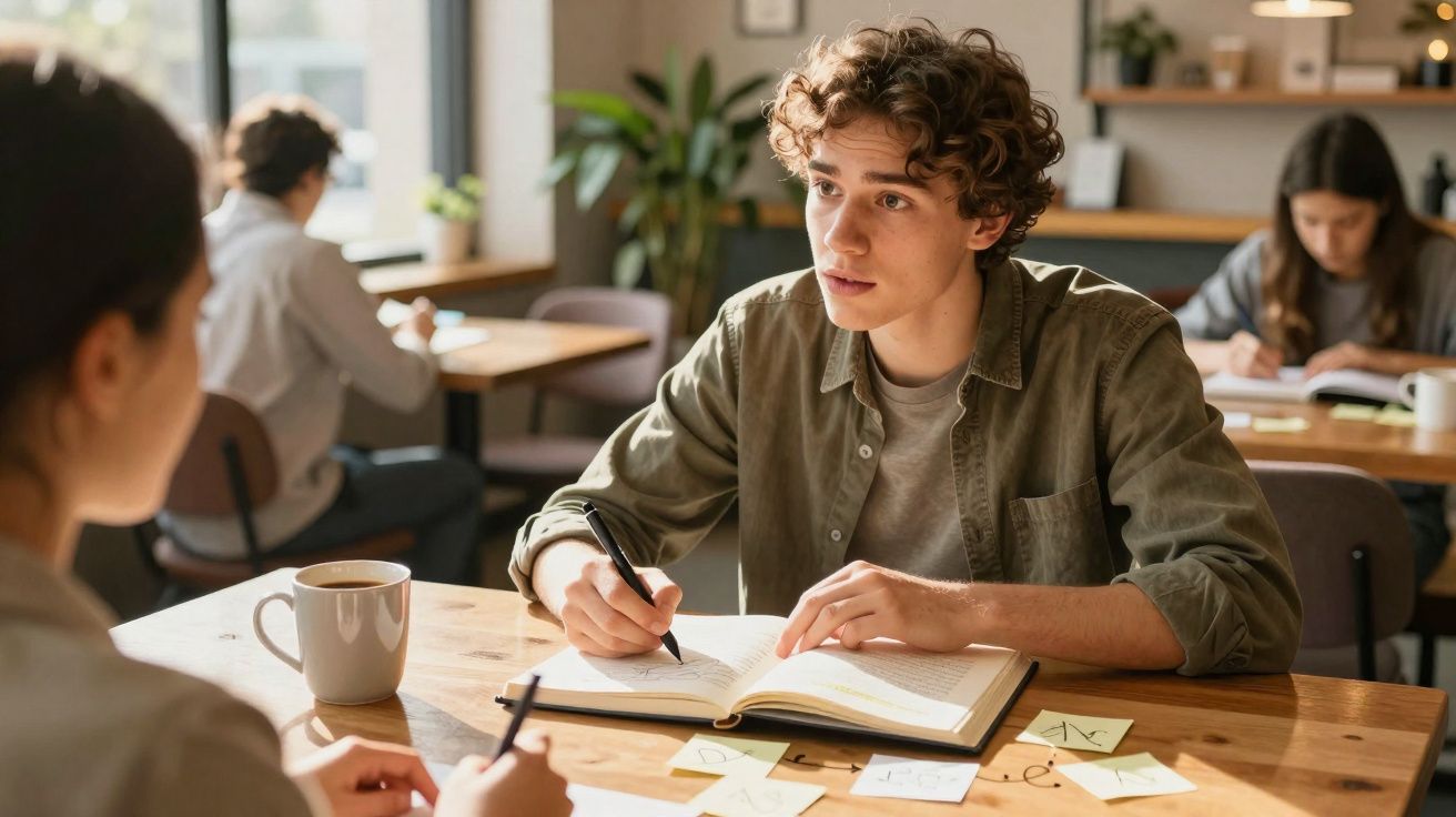 Young man with curly hair studying with notes at a wooden table in a bright cafe setting.