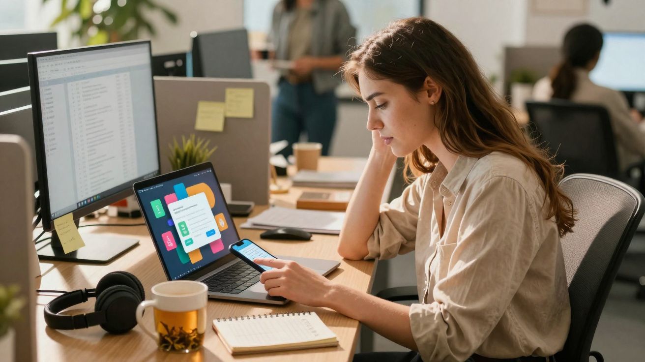 Young woman using smartphone at desk with laptop, monitor, and notebook in modern office environment