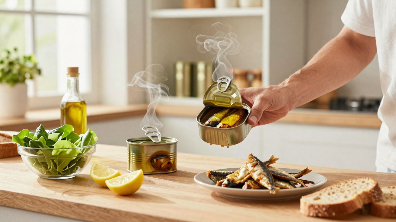 Hand holding an open can of steaming sardines above a plate of sardines on a kitchen counter with lemon, bread, and salad.