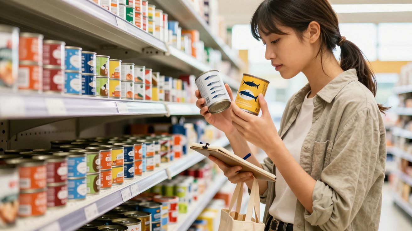 Woman comparing two cans of fish while checking notes in a supermarket aisle with shelves of canned goods.