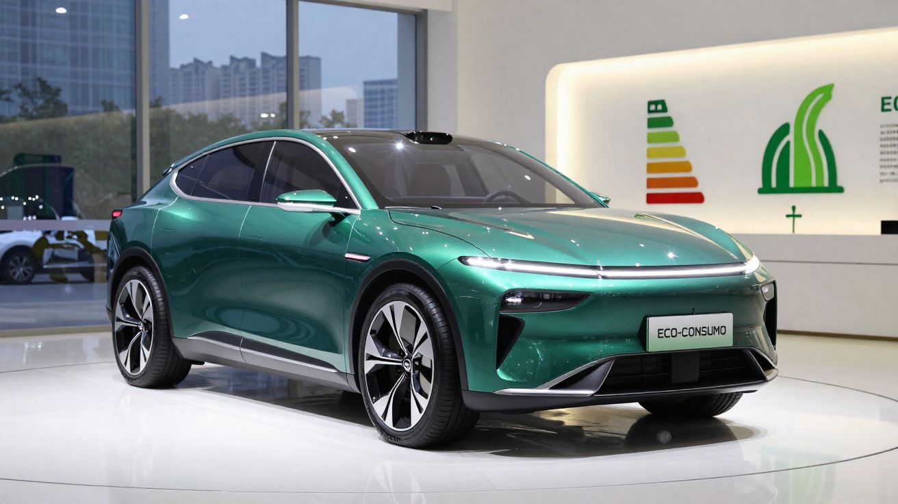 Green electric crossover car displayed indoors with eco-friendly graphics in the background.