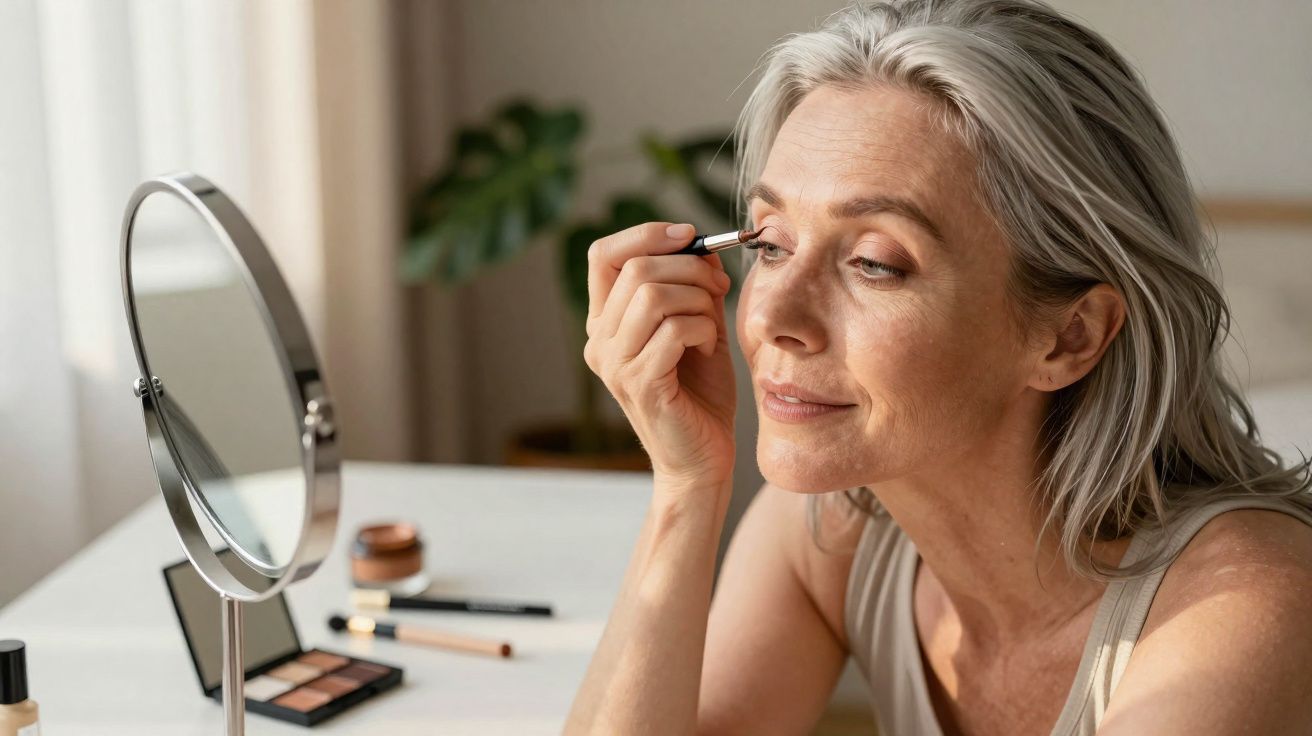 Middle-aged woman applying eyeshadow with a brush while looking into a round mirror on a table.
