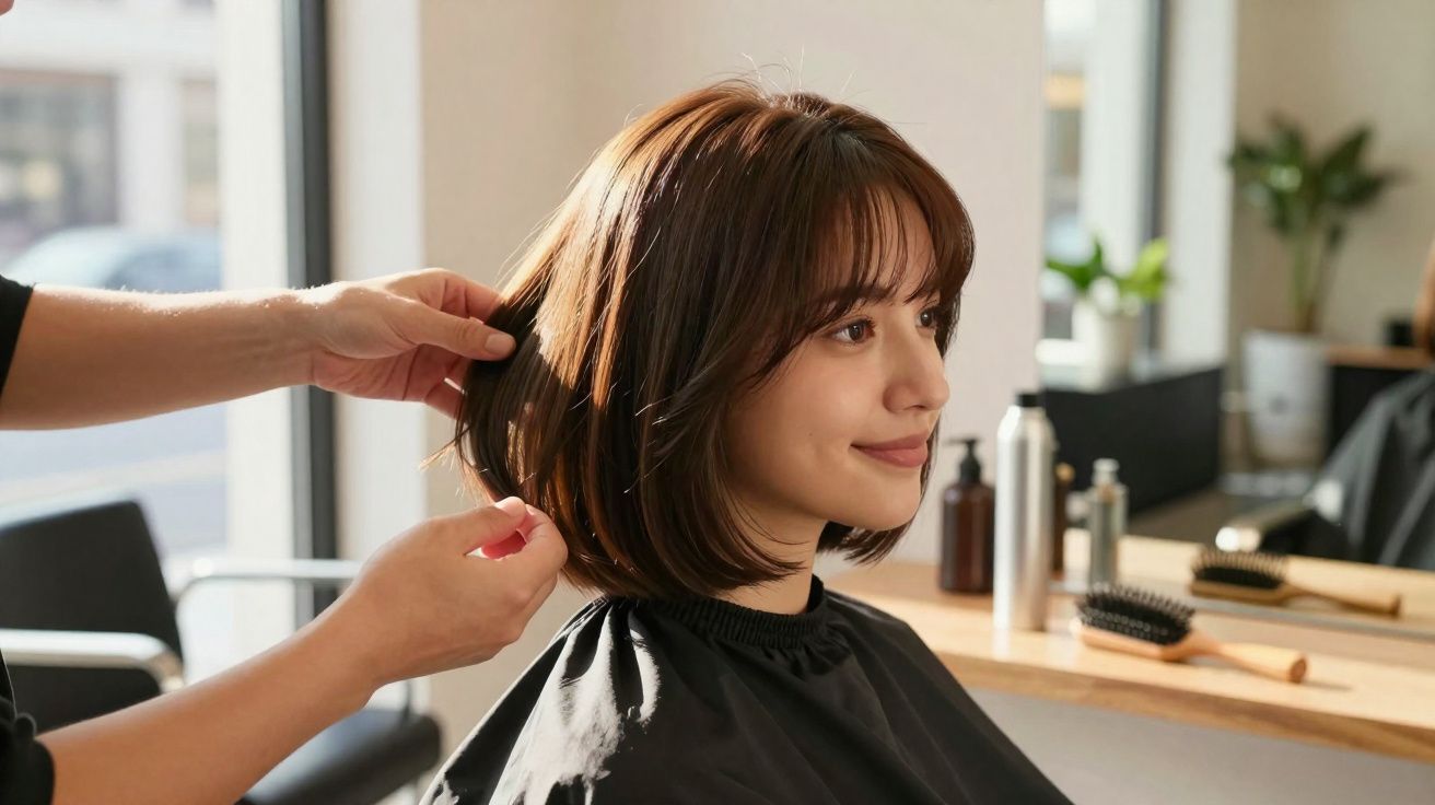 Woman with short brown hair smiling during a haircut at a salon with a stylist adjusting her hair.