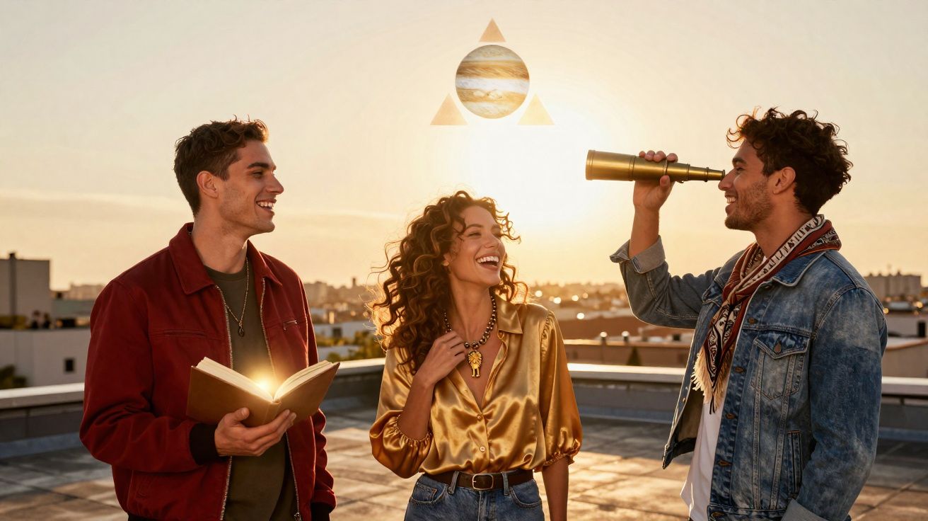 Three friends on a rooftop at sunset, one reads a book, one laughs, and one looks through a telescope.