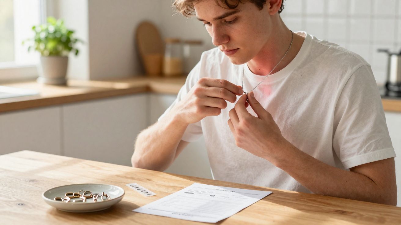 Young man in white t-shirt examining a necklace while sitting at a wooden kitchen table with jewellery and paperwork.
