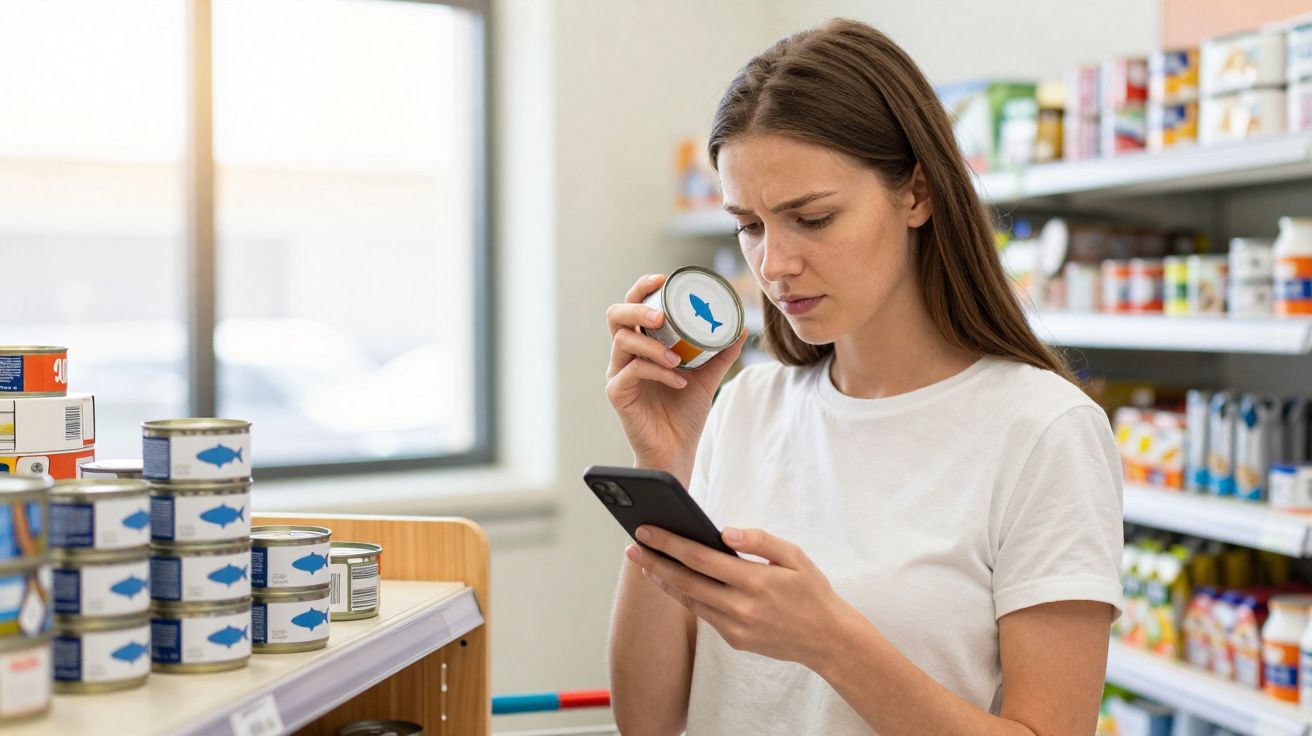 Woman in a white t-shirt checking a canned fish label and comparing it to information on her phone in a supermarket aisle.
