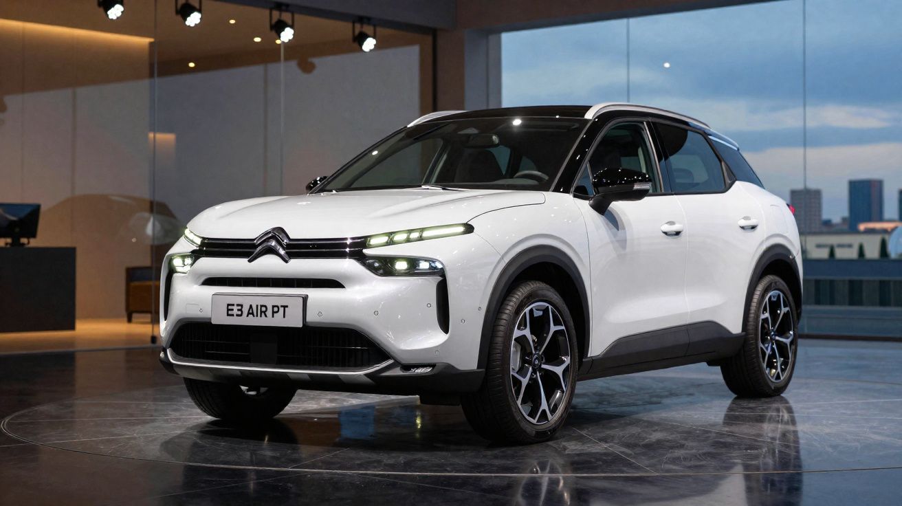 White Citroën E3 Air PT electric SUV showcased indoors with sleek headlights and modern design details.