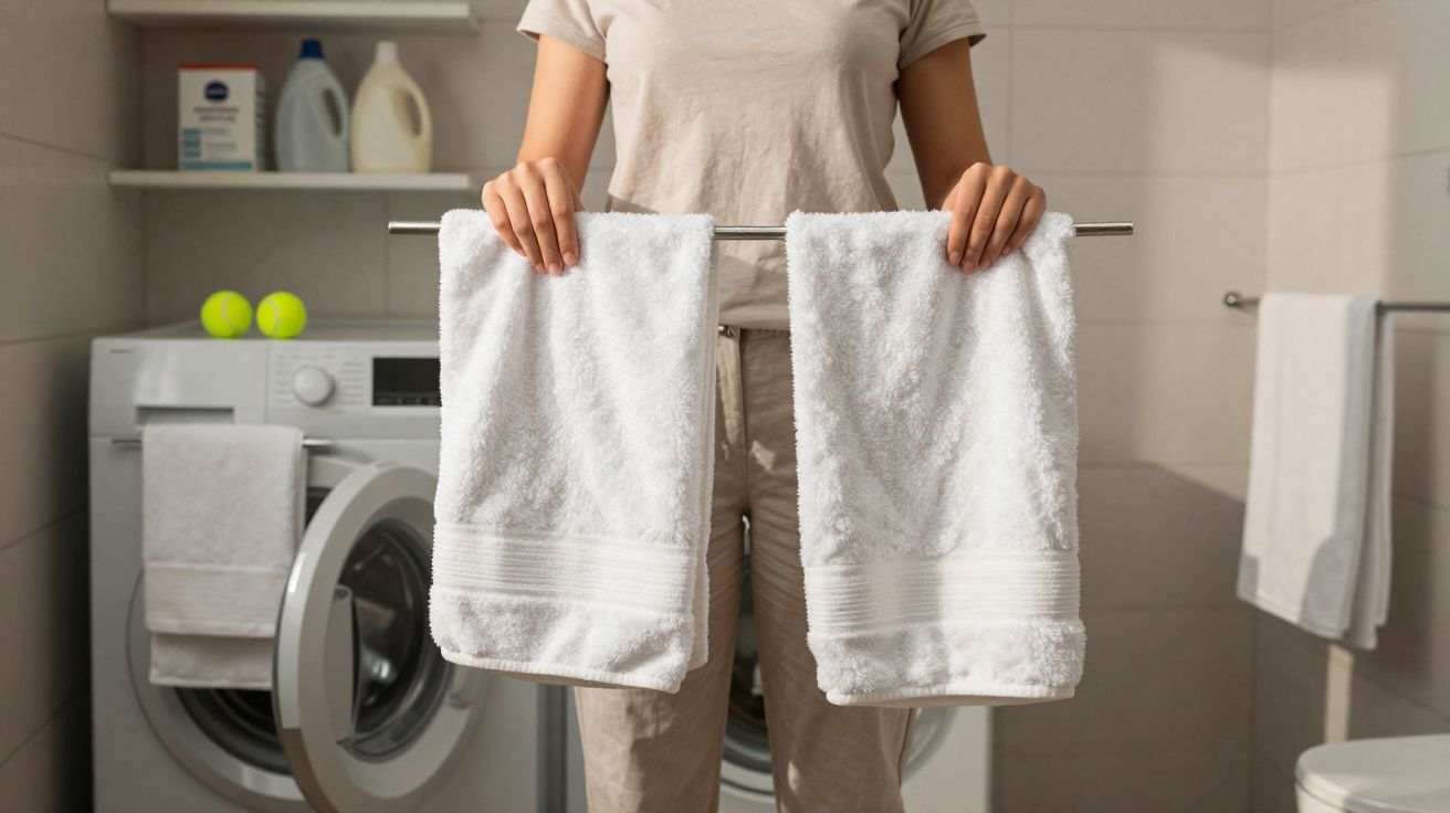 Person holding two white towels in a laundry room with washing machine and detergent in the background.