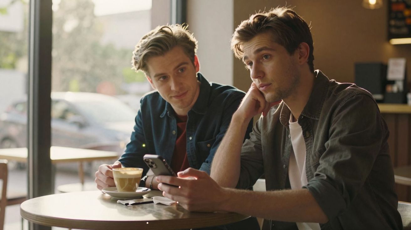 Two young men sit at a café table, one holding a coffee cup and the other looking thoughtful with a phone.