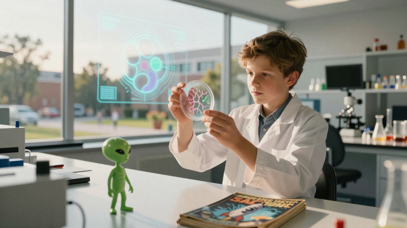 Young boy in a lab coat examining a petri dish with a green alien figure and science book on the table.