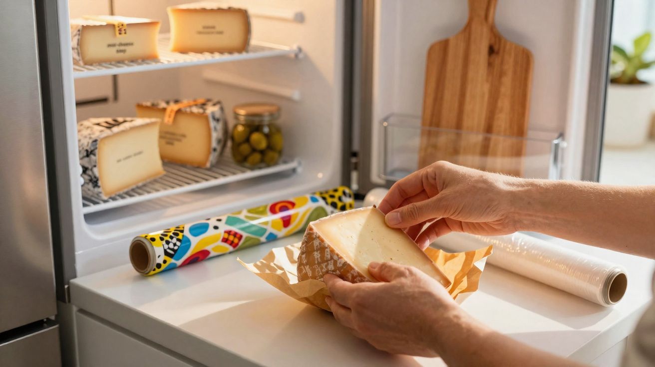 Person wrapping a wedge of cheese on kitchen counter next to fridge containing cheese blocks and jar of olives.