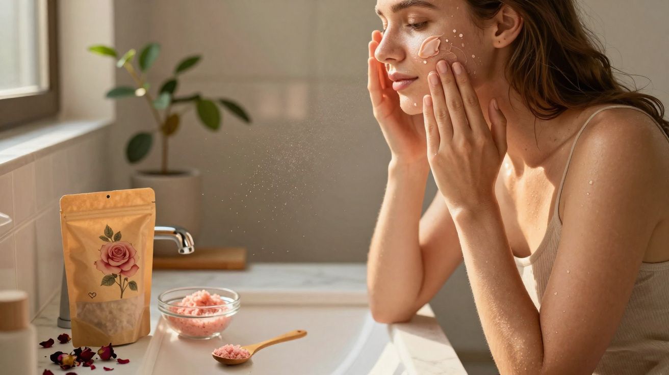 Woman applying facial scrub in a sunlit bathroom with skincare products on the sink counter.