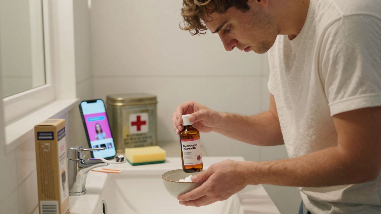 Young man applying medicine from a bottle onto a cotton pad in a bathroom sink area.