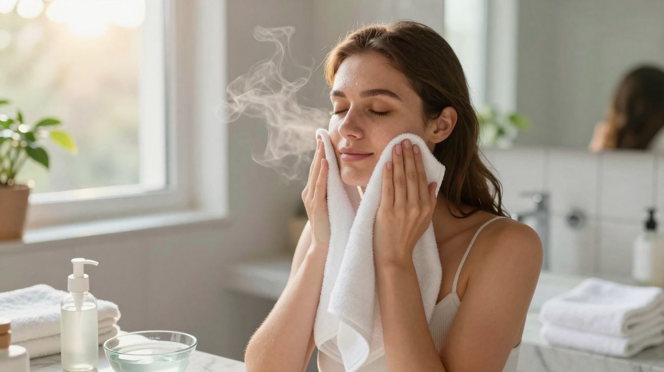 Woman gently cleansing her face with a warm towel in a bright, modern bathroom with natural light.