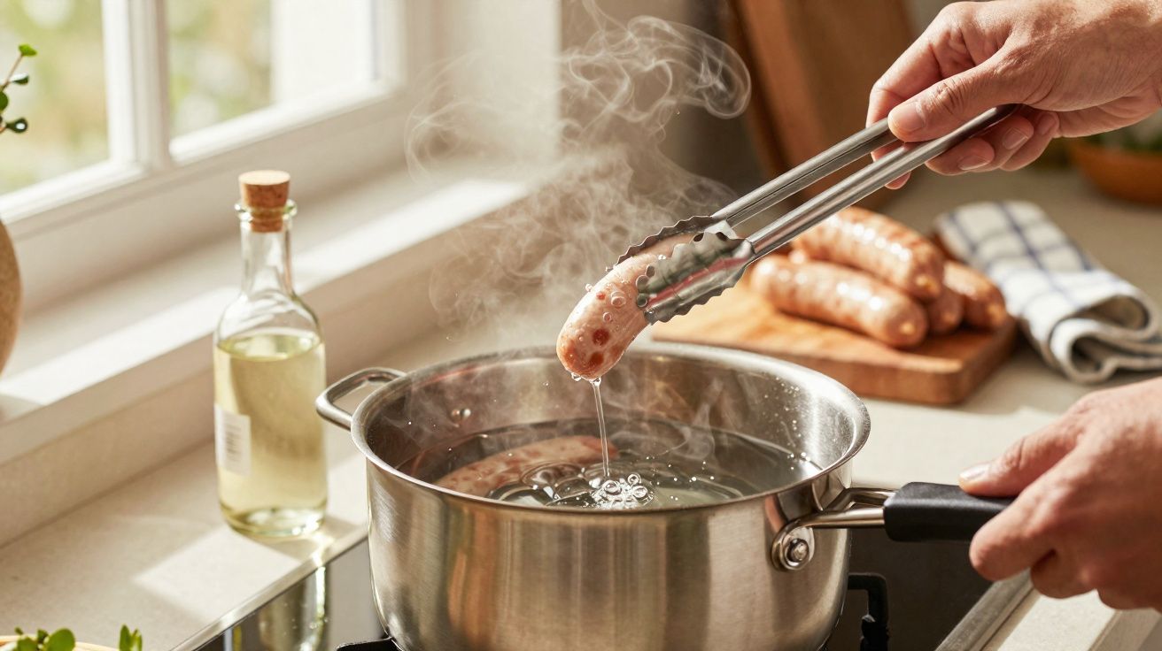 Hand holding tongs lifting a steaming sausage from a pot of boiling water on a kitchen stove.
