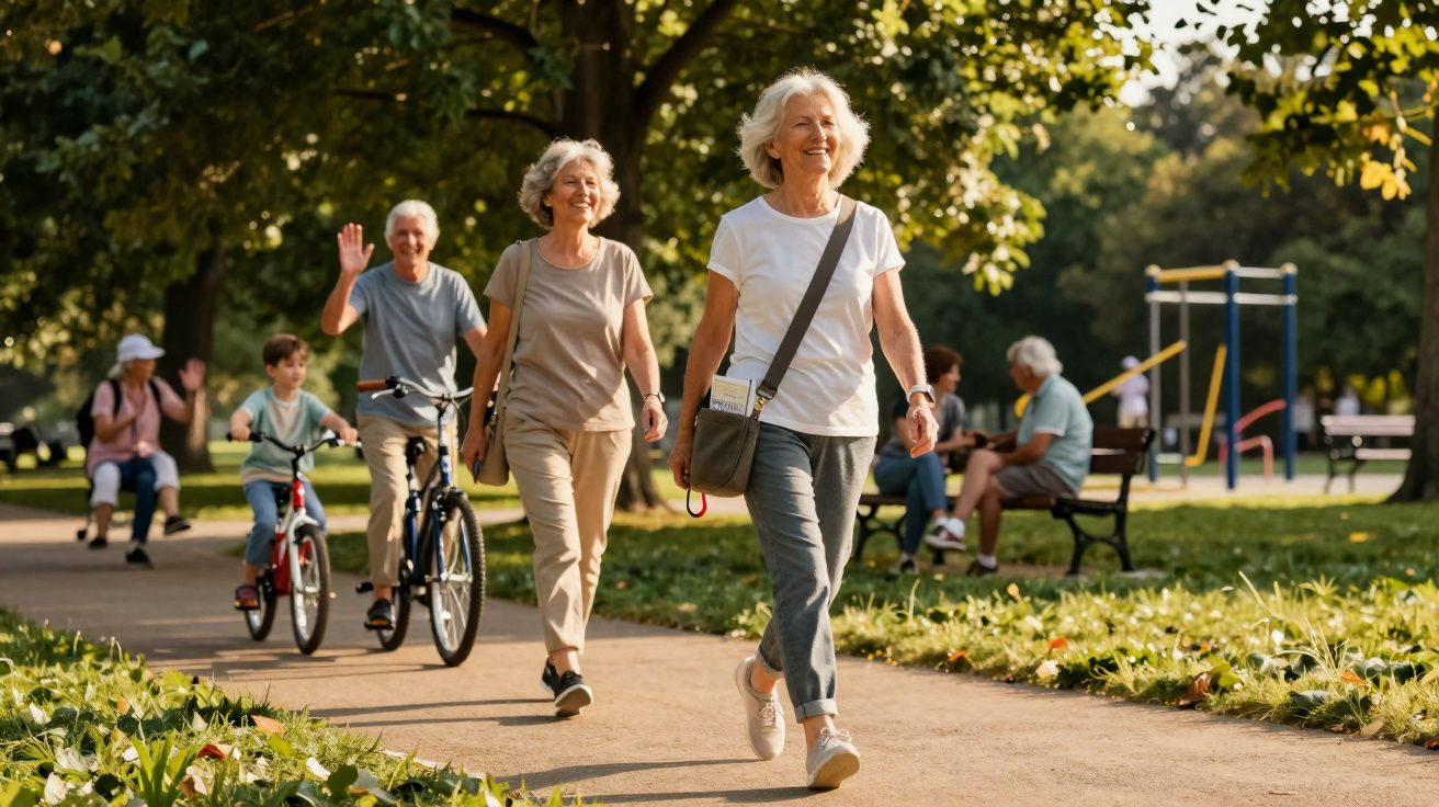 Group of elderly people walking and cycling in a sunny park with trees and a playground in the background.