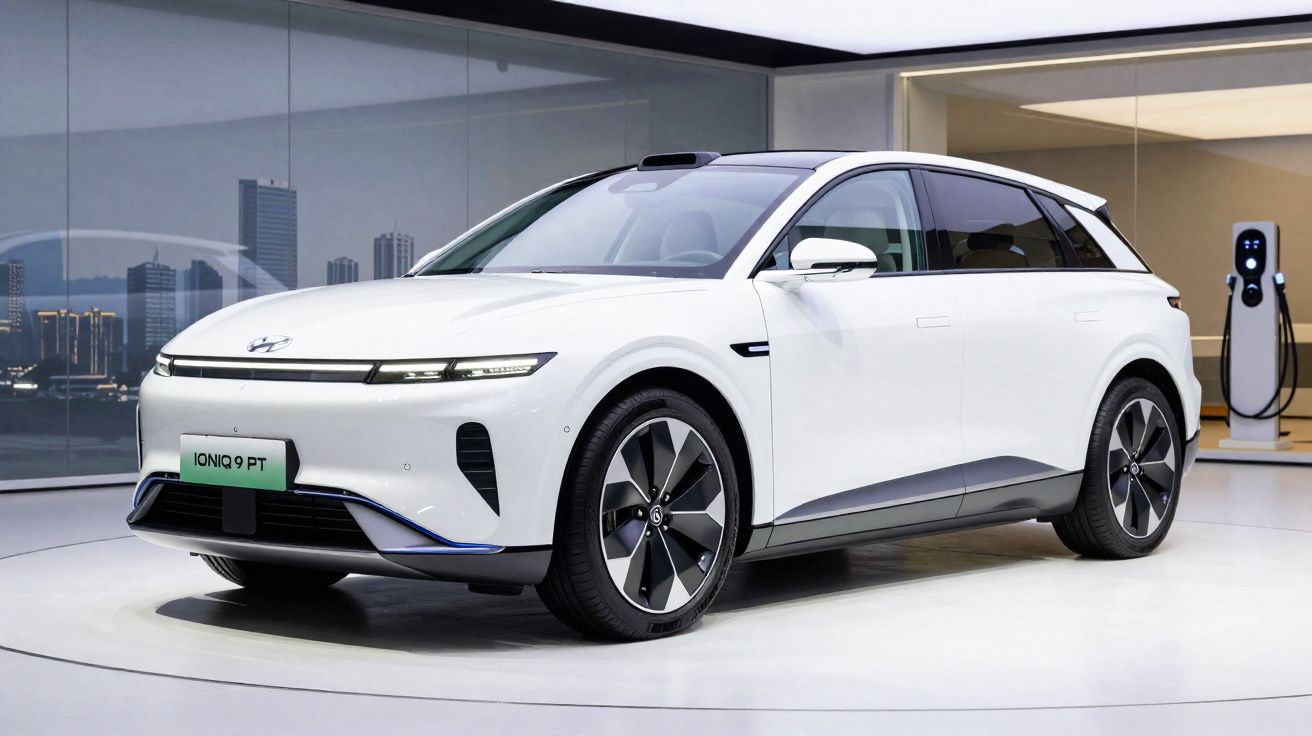 White Hyundai Ioniq 9 electric SUV parked indoors near a charging station and cityscape background