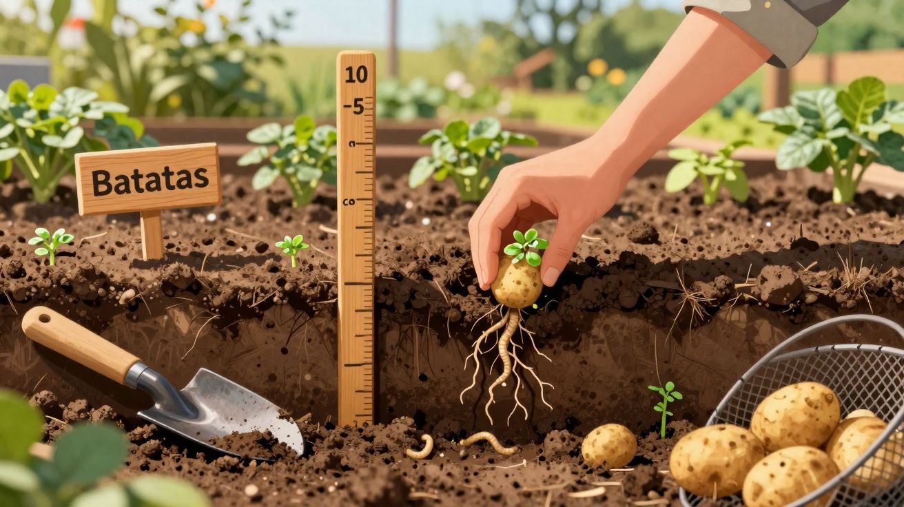Hand holding a sprouted potato showing roots in soil next to a ruler, shovel, and a basket of potatoes.
