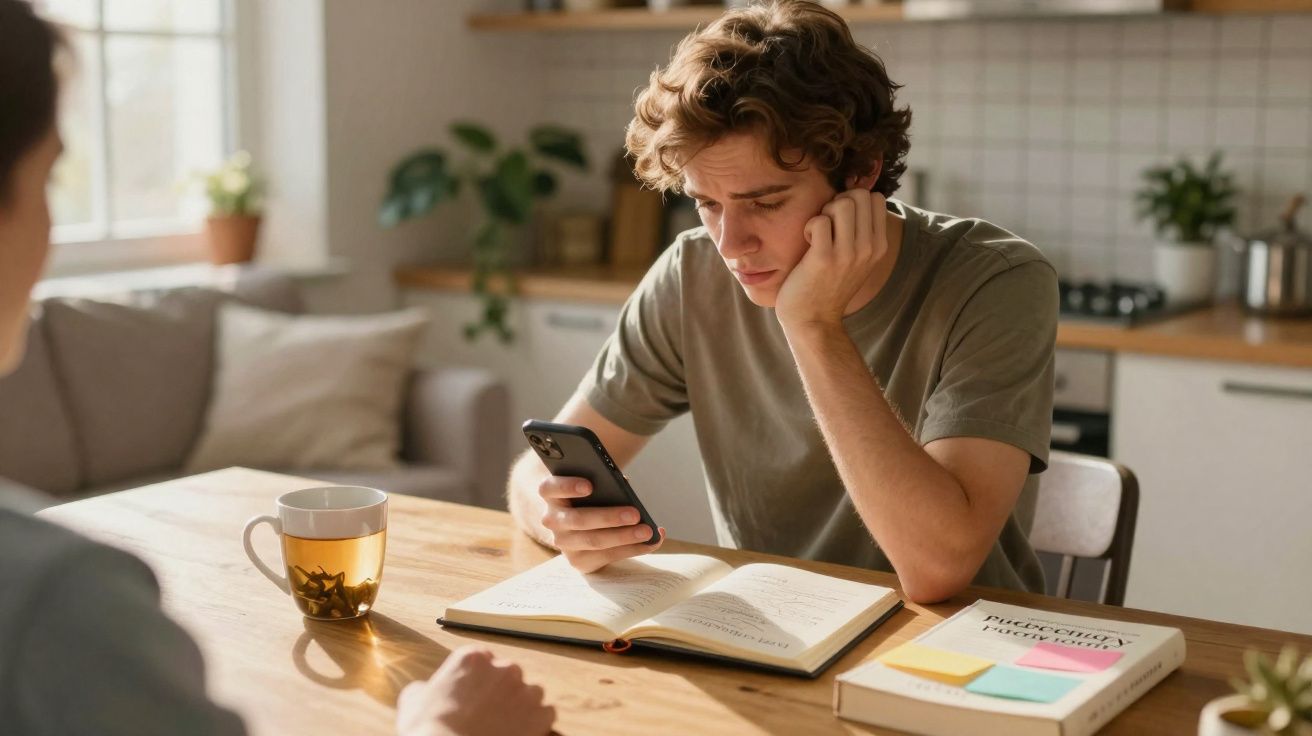 Young man sitting at a wooden table looking at his phone with an open notebook and tea in a bright kitchen.