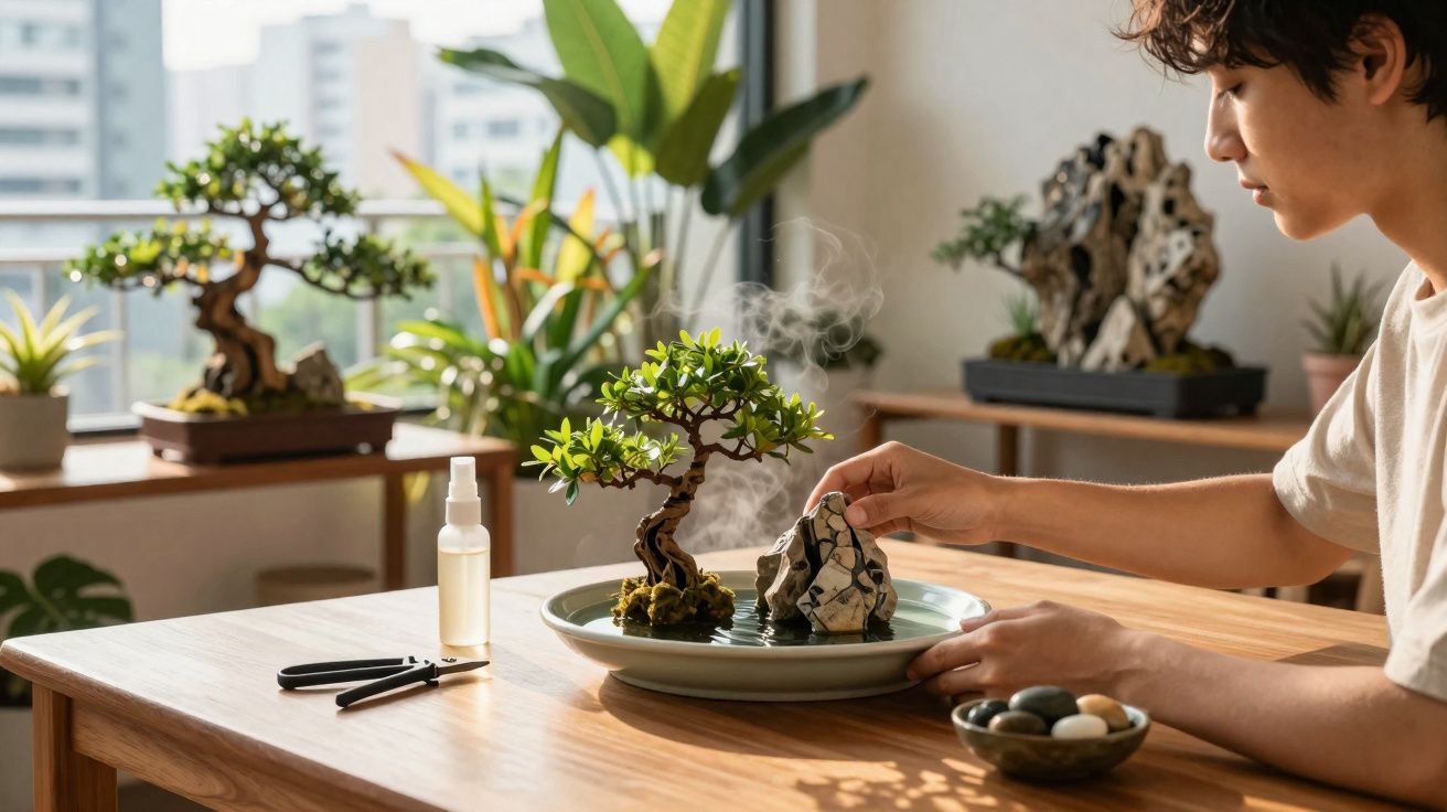 Person arranging a bonsai tree and a smoking incense rock on a ceramic tray in a sunlit room.