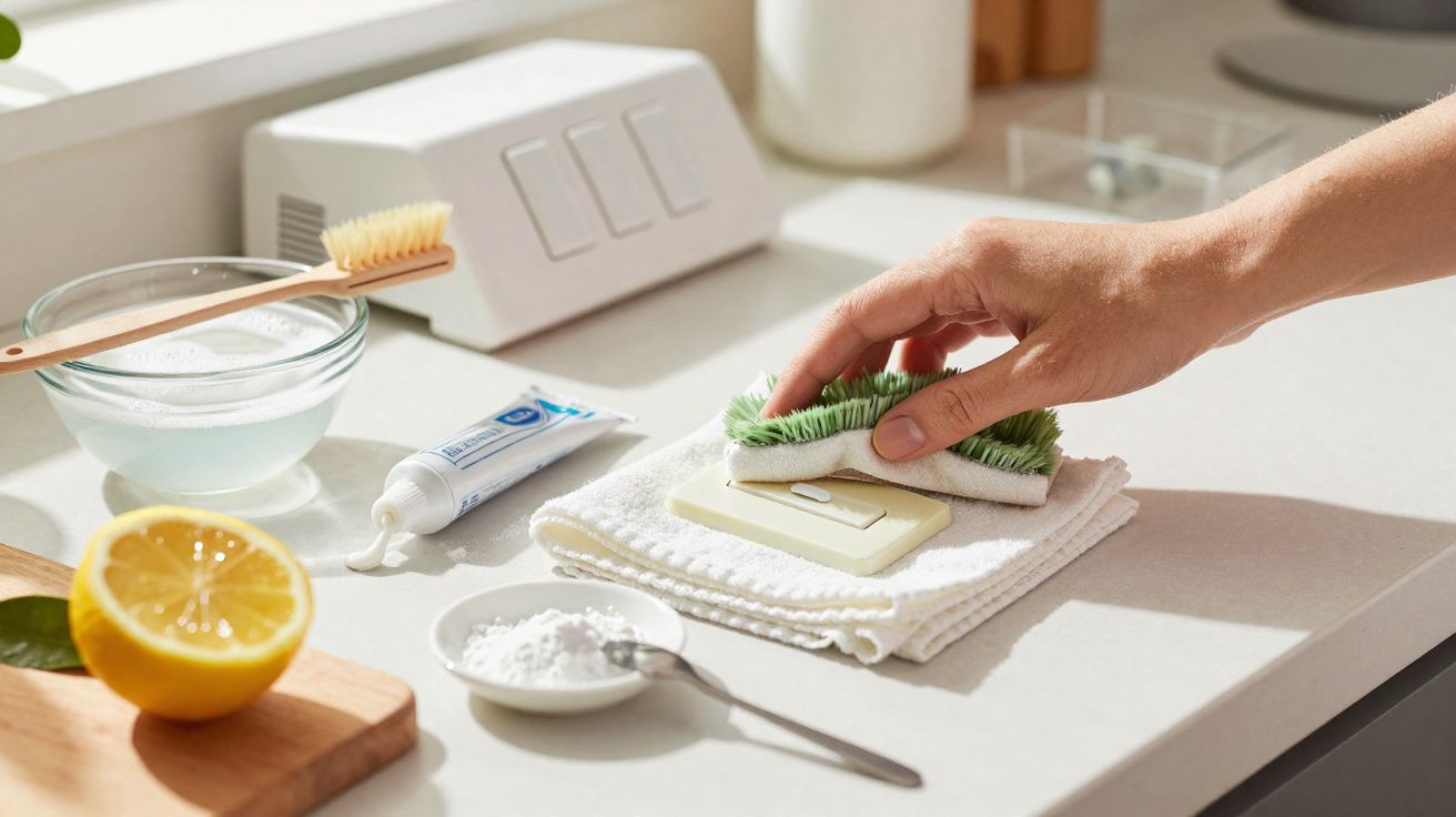 Person cleaning a light switch with a brush on a cloth, next to natural cleaning ingredients on a kitchen counter.