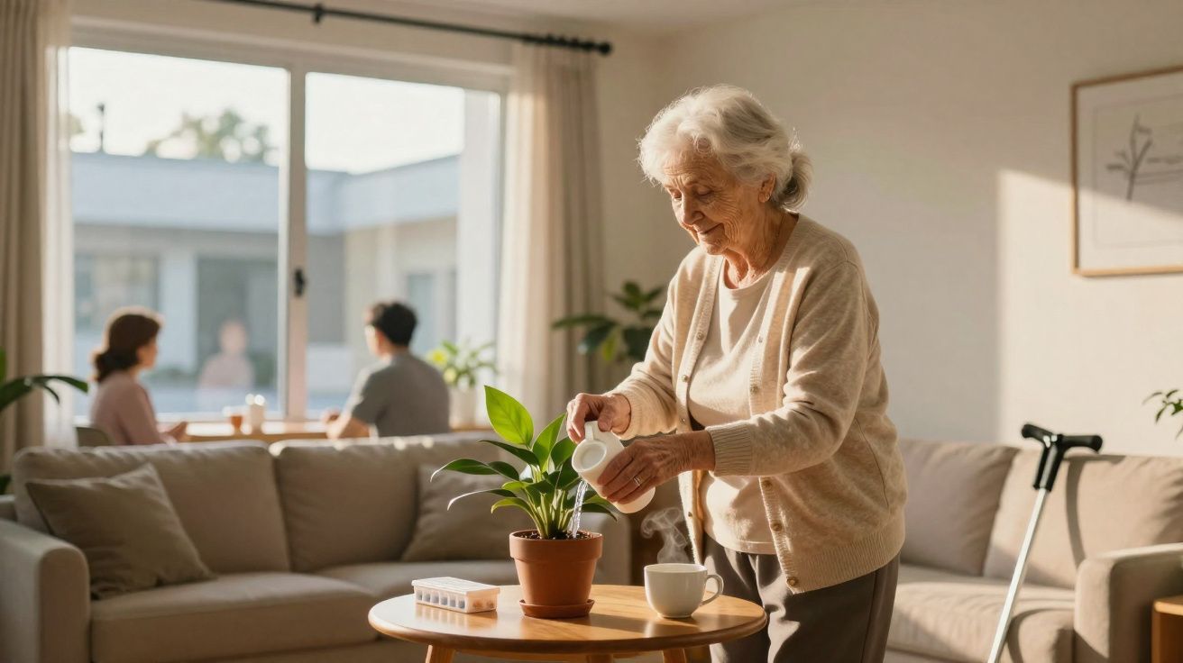 Elderly woman watering a potted plant in a bright living room with two people seated by the window.