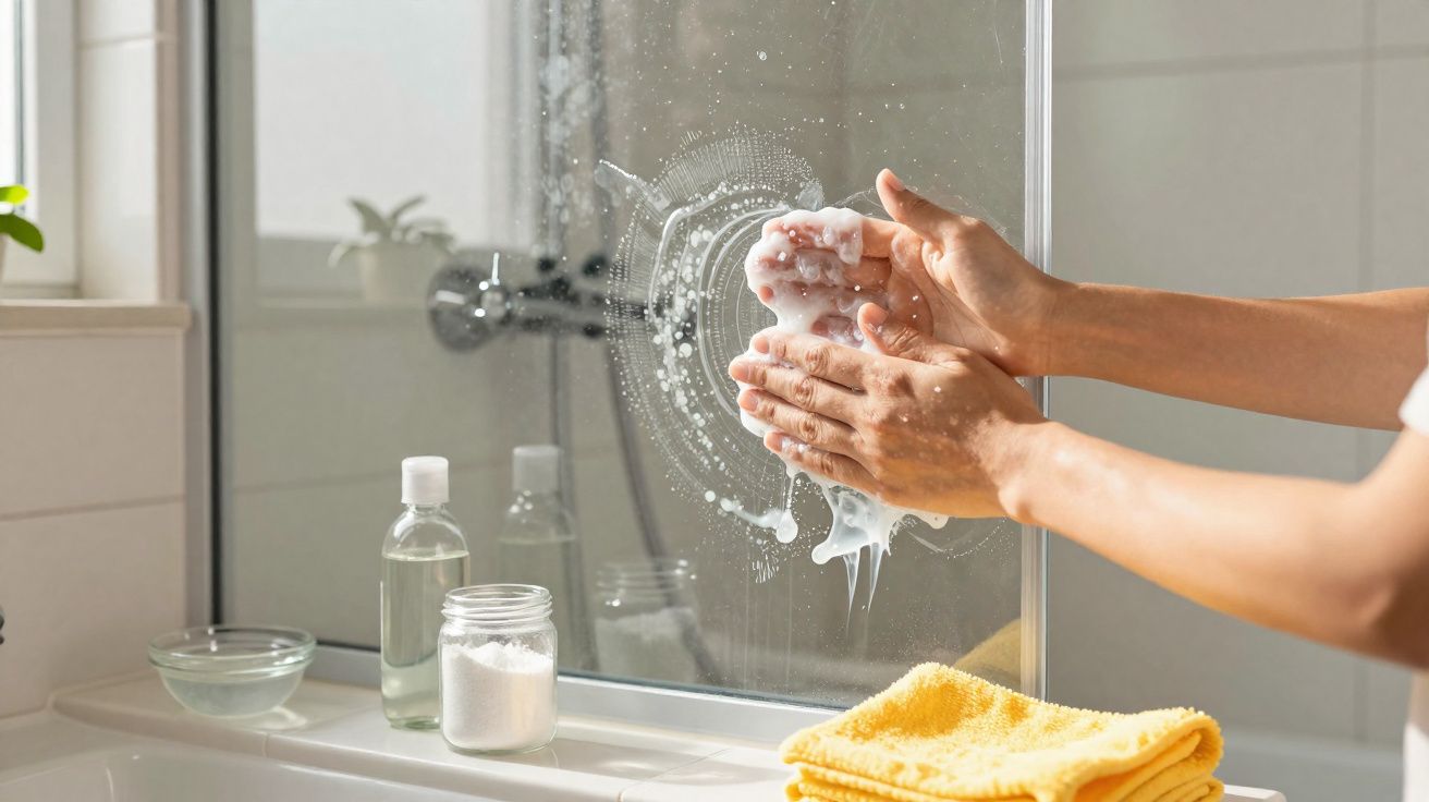 Person cleaning a bathroom mirror with foam and yellow cloth on the sink in natural daylight.